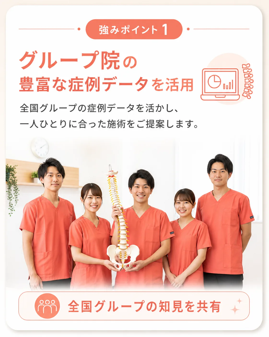 強みポイント1｜グループ院の豊富な症例データを活用｜全国整骨院ネットワークの臨床知見を共有